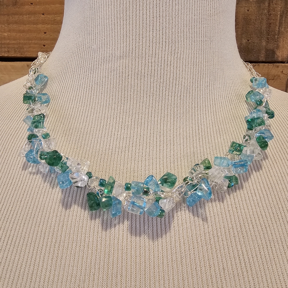 Blue & Green "Rock Candy" Beaded Necklace On Silvertone Crocheted Wire